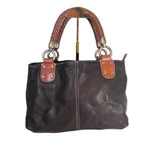 Fossil Black Pebbled Leather brown Braided Handle Handbag bag 75082